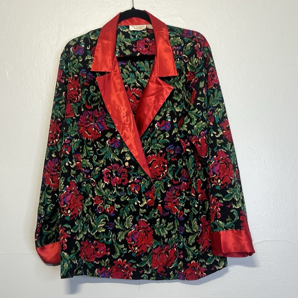 Vtg Victoria's Secret Floral Pajama Top Sz L Double Breasted Satin Gold Label